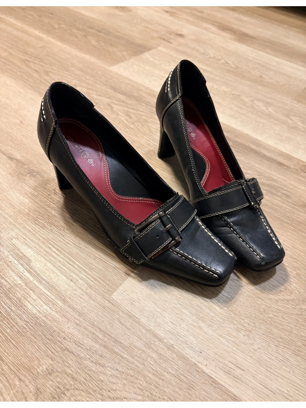 Maripe Vintage Leather Kitten Heels Size 7 w/ Buckle Square Toe Loafers Y2K